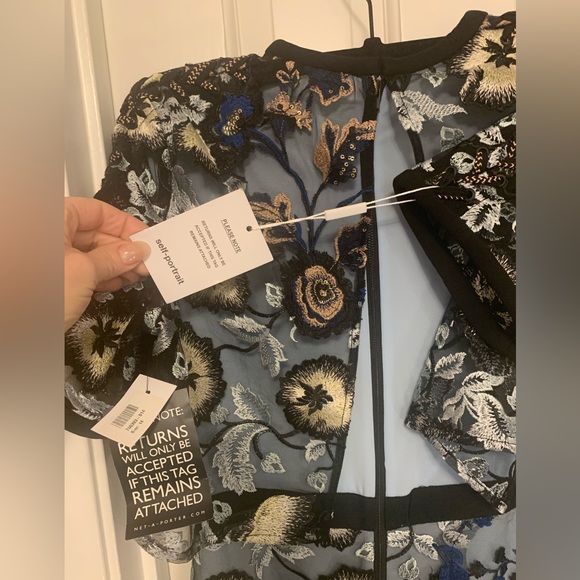 NWT SelfPortrait Blue & Gold Lace Ankle-Length Evening Gown W/Cape top - Picture 7 of 10